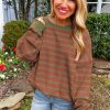 Women's Brown Stripe Trimmed Round Neck Drop Shoulder Loose Sweater - Image 3