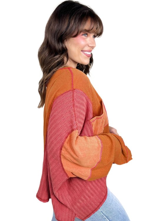 Plus Size Orange Textured Knit Color Block Long Sleeve Top with Chest Pocket