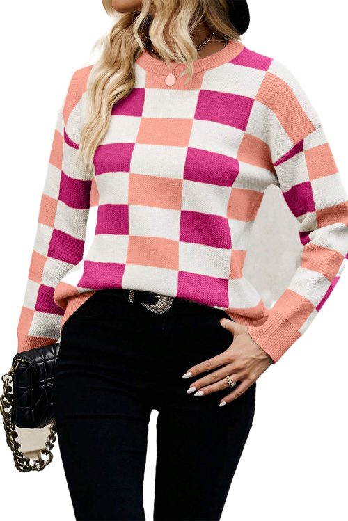 Women's Pink Checkered Ribbed Edge O Neck Drop Shoulder Sweater