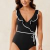 Women's Elegant Black Color Contrast Ruffled Wrap V Neck One-Piece Swimsuit - Image 13