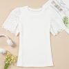 Women's White Eyelet Pattern Short Sleeve Ribbed Top - Trendy Patchwork Design - Image 6