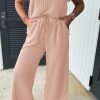 Women's Smoke Gray Solid Corded Knit Short Sleeve T-Shirt and Wide Leg Pants Set - Image 2