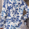 Elegant Sky Blue Floral Print Blouse with Notched Neck for Women - Image 3