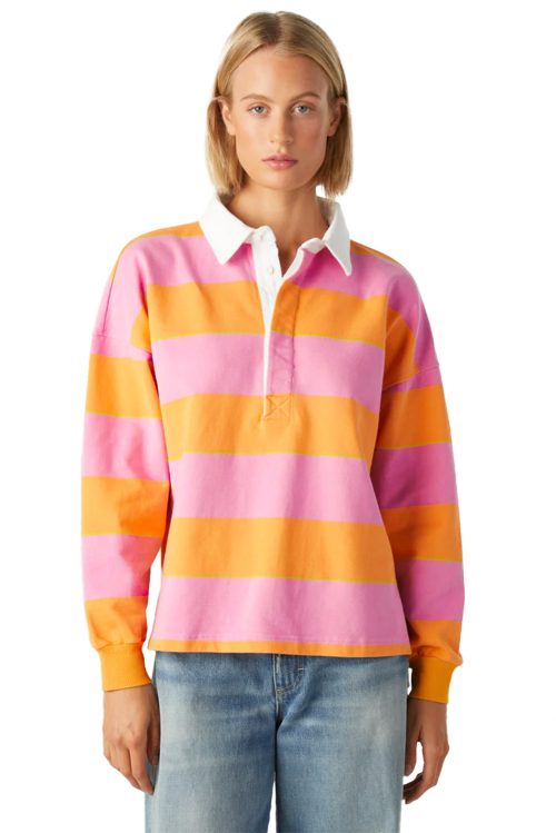 Women's Yellow Stripe Color Block Polo Collar Sweatshirt for Smart Casual Looks