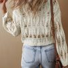 Women's White Cut Out Crochet Crew Neck Loose Fit Sweater - Image 2