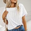 Women's Elegant White Eyelet Pattern Boat Neck Casual Tee - Image 3