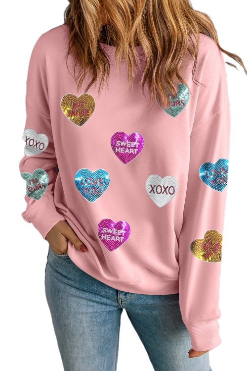 Women's Pink Sequin Heart Graphic Sweatshirt - Romantic Letters for Valentine's Day