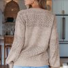 Women's Brown Eyelet Pattern V Neck Drop Shoulder Sweater - Casual Chic for Fall - Image 7
