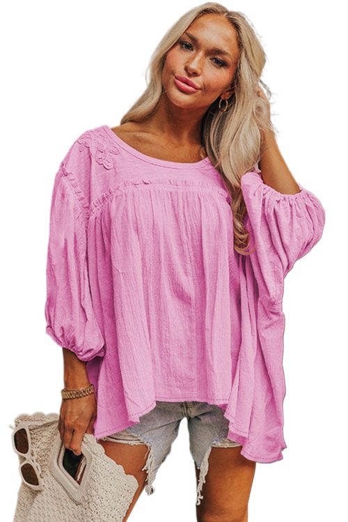 Women's Pink Lace Accent Babydoll Blouse with Bracelet Sleeves