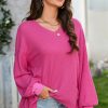 Women's Bright Pink Waffle Knit V Neck Long Sleeve Blouse - Image 7