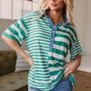 Women's Green Stripe Colorblock Collar Half Button T-Shirt - Casual Summer Style - Image 7