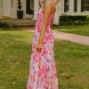 Women's Pink Abstract Floral Print Shirred One Shoulder Maxi Dress for Summer - Image 3