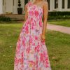 Women's Pink Abstract Floral Print Shirred One Shoulder Maxi Dress for Summer - Image 12