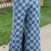 Dusk Blue Plus Size Checkered Seamed High Waist Wide Leg Jeans for Women - Image 2