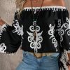 Women's Black Tribal Printed Off Shoulder Blouse with Loose Sleeves - Image 6