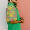 Women's Bright Green Floral Puff Sleeve Ruffled Collar Top - Image 6