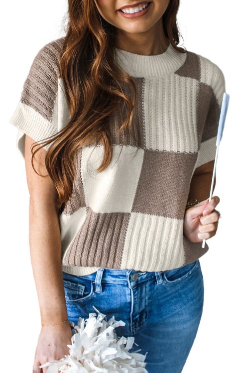 Chic Women's Khaki Checkered Color Block Crew Neck Short Sleeve Sweater