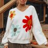 Women's White Floral Pattern V Neck Drop Shoulder Long Sleeve Sweater - Image 6