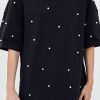 Women's Black Pearl Beaded Drop Shoulder Crewneck T-Shirt - Trendy Casual Tee - Image 9