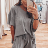 Women's Gray Solid Color Waffle Knit T-Shirt and Shorts Set - Casual Chic Two Piece Outfit - Image 9