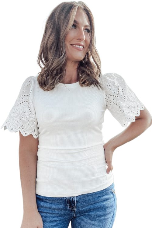 Women's White Eyelet Pattern Short Sleeve Ribbed Top - Trendy Patchwork Design