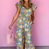 Women's Yellow Floral Allover Print Shirred Cut Out High Waist Jumpsuit with Ruffled Sleeves - Image 5