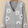 Women's Light Grey Floral Print V Neck Knitted Button Up Cardigan - Image 9