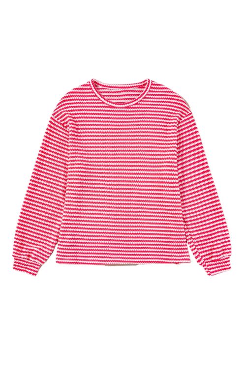 Women's Rose Stripe Long Sleeve Top with Round Neck and Drop Shoulder Design