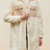 Women's Beige Contrast Flap Pocket Single Breasted Teddy Coat for Winter - Image 13