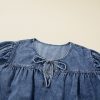 Women's Plus Size Sail Blue Drawstring V Neck Puff Sleeve Denim Blouse - Image 14