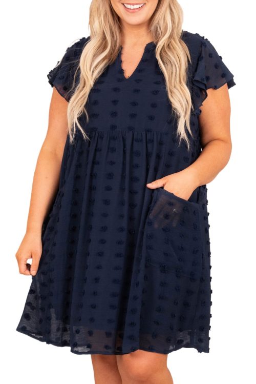 Navy Blue Plus Size Ruffled Dress with Polka Dot Texture and Notched Neck