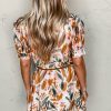 Chic Brown Abstract Printed Puff Sleeve Mini Dress with Button Up Front and Braided Belt - Image 2