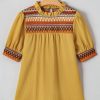 Chic Mustard Geometric Short Puff Sleeve Blouse with Frilled Collar - Image 13