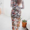 Charming Brown Floral Allover Print Mock Neck Bodycon Midi Dress for Women - Image 10