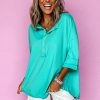 Women's Mint Green Solid Color Half Sleeve Button Henley Top - Image 11