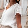 Women's White Lace Crochet Textured Button Back V Neck T-Shirt for Casual and Vacation Wear - Image 7