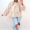 Women's Parchment Embroidered Bow Lantern Sleeve Oversized Pullover Sweatshirt - Image 3