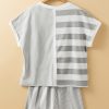 Women's Gray Stripe Mixed Print Short Sleeve Top and Pocketed Shorts Set - Image 8