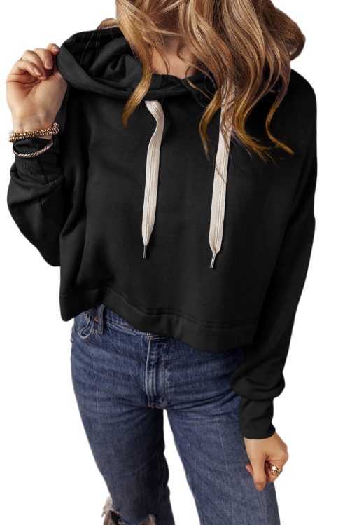 Women's Black Cropped Hoodie with Drop Shoulder and Adjustable Drawstring