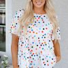 Women's White Colorful Polka Dot Short Sleeve Tiered Ruffled Babydoll Blouse - Image 7