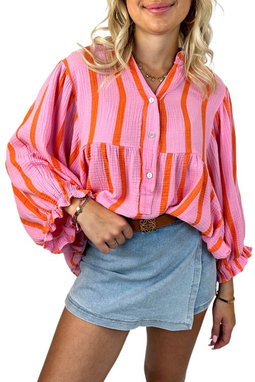 Women's Orange Stripe Crinkled Ruffled Sleeve Loose Button Up Shirt