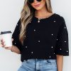 Women's Black Pearl Beaded Drop Shoulder Crewneck T-Shirt - Trendy Casual Tee - Image 3