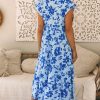 Women's Sky Blue Floral Print Tiered Frilled Trim Flutter Sleeve Maxi Dress - Image 2