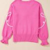 Women's Bright Pink Corded Flower Bow Casual Sweater with Puffed Sleeves - Image 8