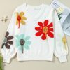 Women's White Floral Pattern V Neck Drop Shoulder Long Sleeve Sweater - Image 8