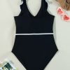 Women's Elegant Black Color Contrast Ruffled Wrap V Neck One-Piece Swimsuit - Image 15