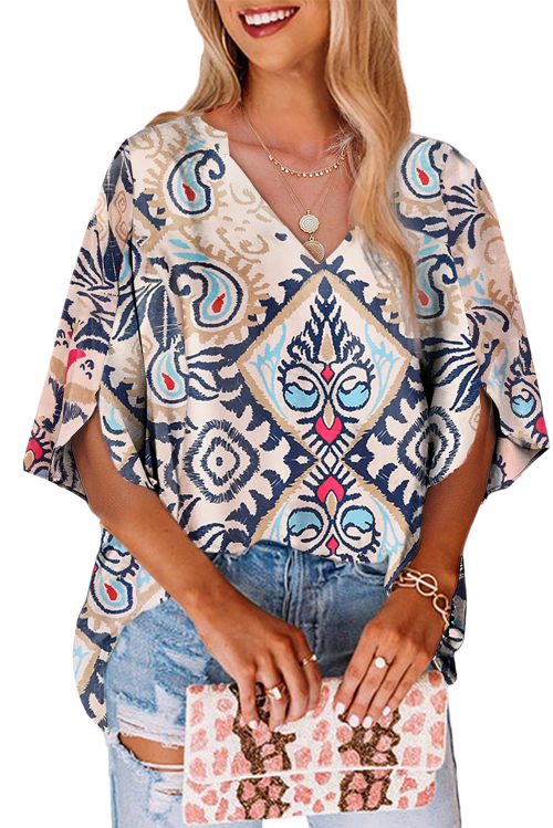 Women's White Abstract Printed Notched V-Neck Split Half Sleeve Blouse