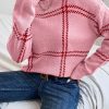 Women's Pink Plaid Pattern Knitted Drop Shoulder Sweater - Cozy and Stylish - Image 3