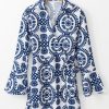 Women's Blue Floral Print V Neck Wrapped Knot Long Sleeve Shift Dress - Image 8