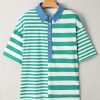Women's Green Stripe Colorblock Collar Half Button T-Shirt - Casual Summer Style - Image 10